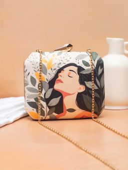 ARTKLIM - Women Multi-Color Leaf Serenity Portrait Printed Clutch with Detachable Chain
