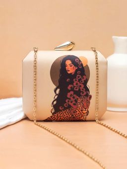 ARTKLIM - Women Cream Glow Muse Printed Clutch with Detachable Chain