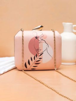 ARTKLIM - Women Peach Blush Outline Printed Clutch with Detachable Chain