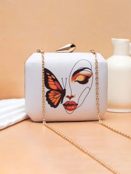 ARTKLIM - Women White Butterfly Face Beauty Printed Clutch with Detachable Chain