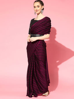 Sareemall - Wine Party Wear Georgette Stripes Saree with Unstitched Blouse