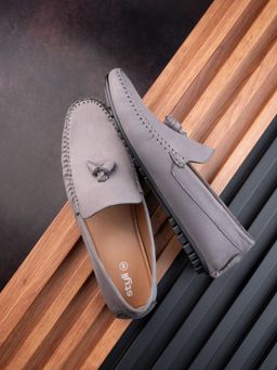 Styli - Mens Grey Pu Embroidered Trim Tassel Loafers