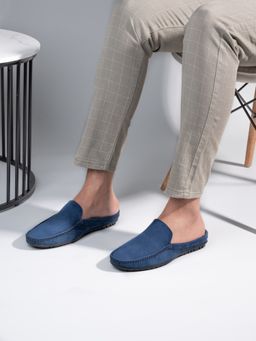 Styli - Mens Navy Blue Pu Faux Suede Open Back Loafers