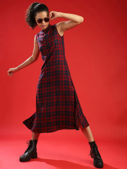PINACOLADA - Maroon Women Stylish Checks Long Casual Dress's