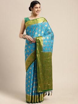 Mimosa - Women's Kanjivaram Crepe Blue Saree with Unstitched Blouse