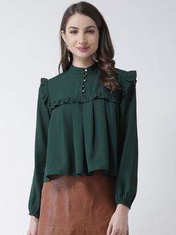 KASSUALLY - Green Front Button Up Frilly Top