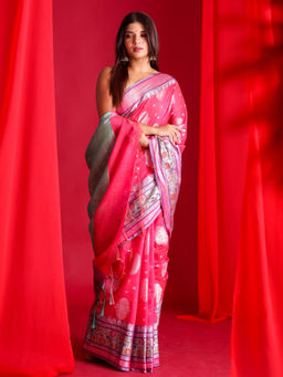 Beatitude - Pink Woven Banarasi Saree with Unstitched Blouse