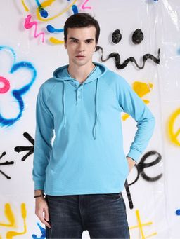 The Indian Garage Co - Men Blue Slim Fit Ottoman Print Hoodie