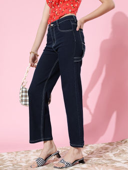 DOLCE CRUDO - Women's Navy Blue Wide Leg High Rise Clean Look Regular Stretchable Denim Jeans