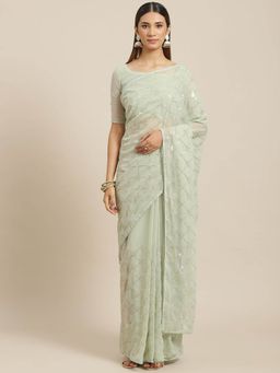 Odette - Light Green Georgette Embroidered Saree with Unstitched Blouse