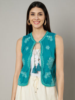 AMAGYAA - Women Turquoise Embroidered Shrug with Neck Tie-Up Details