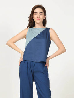Saltpetre - Women Blue With Navy Colour Block Sleeveless Boat Neck Top