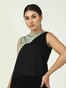 Saltpetre - Women Sage With Black Colour Block Sleeveless Boat Neck Top