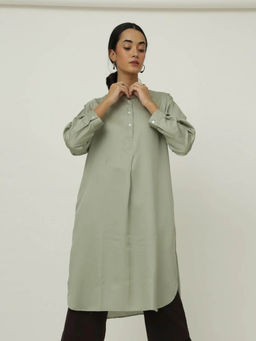 Saltpetre - Women Green Mandarin Neck Pleated Tunic