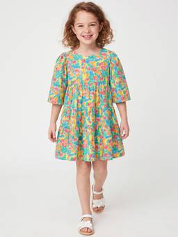 United Colors of Benetton - Girls Multi-Colour Pure Cotton Dress with Scrunchie