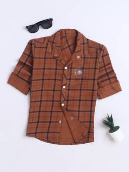 FOURFOLDS - Boys Brown Cotton Blend Shirt