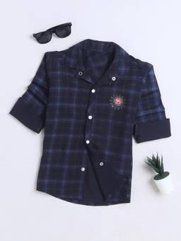 FOURFOLDS - Boys Navy Blue Cotton Blend Shirt