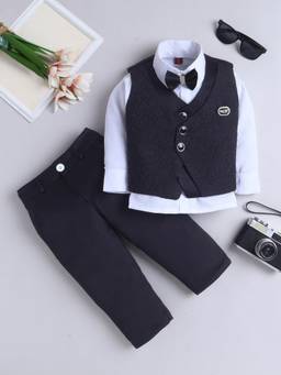 FOURFOLDS - Boys Black Polyester Waistcoat, Shirt with Trouser and Bow tie