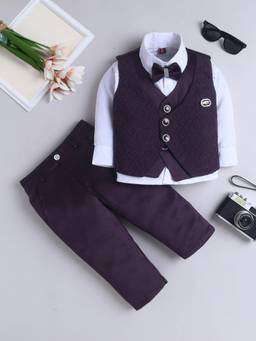 FOURFOLDS - Boys Purple Polyester Waistcoat, Shirt with Trouser and Bow tie