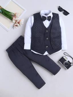 FOURFOLDS - Boys Black Polyester Waistcoat, Shirt with Trouser and Bow tie