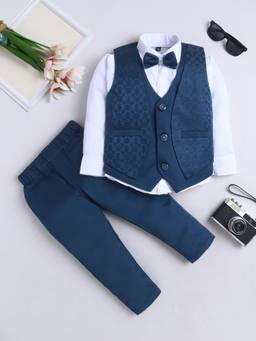 FOURFOLDS - Boys Navy Blue Polyester Waistcoat, Shirt with Trouser and Bow tie