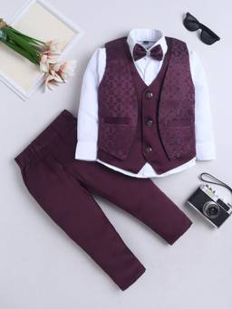 FOURFOLDS - Boys Wine Polyester Waistcoat, Shirt with Trouser and Bow tie