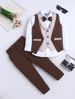 FOURFOLDS - Boys Brown Cotton Blend Waistcoat, Shirt with Trouser and Bow tie