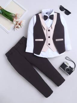 FOURFOLDS - Boys Brown Cotton Blend Waistcoat, Shirt with Trouser and Bow tie