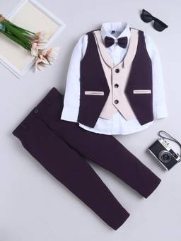 FOURFOLDS - Boys Purple Cotton Blend Waistcoat, Shirt with Trouser and Bow tie