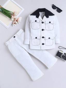 FOURFOLDS - Boys Off White Cotton Blend Jacket with Trouser