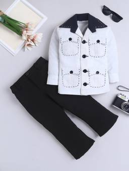 FOURFOLDS - Boys Off White Cotton Blend Jacket with Trouser