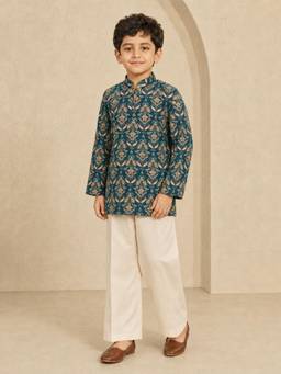 Vastramay - Boys Green Silk Blend Kurta with Pyjama