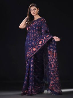 Beatitude - Blue Cotton Silk Woven Jacquard Jamdani Saree with Unstitched Blouse