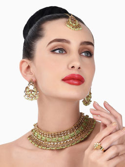 Zaveri Pearls - Green Beads Ethnic Choker Necklace Earring Maangtikka & Ring Set-ZPFK13070