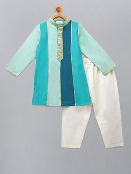 The Little Tales - Green Colorblock Kurta and Pyjama (Set of 2)