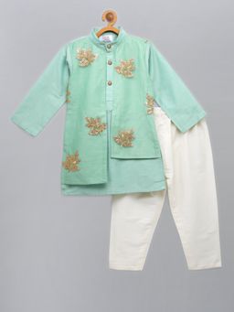 The Little Tales - Green Embroidered Kurta and Pyjama (Set of 2)