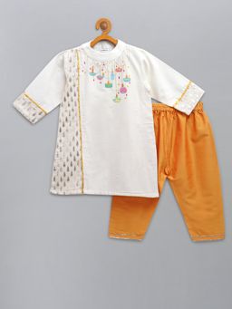 The Little Tales - White Embroidered Kurta and Pyjama (Set of 2)