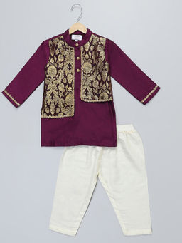 The Little Tales - Purple Kurta With Brocade Attached Jacket and Pyjama (Set of 2)