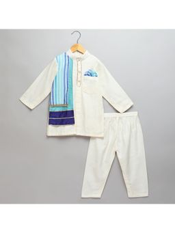 The Little Tales - Off White Kurta With Pyjama and Attached Jacket Panels (Set of 2)