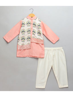 The Little Tales - Peach Kurta With Pyjama With Attached Printed Jacket (Set of 2)