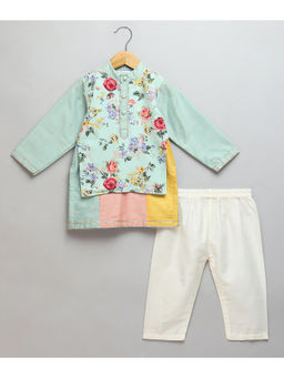 The Little Tales - Green Kurta With Pyjama With Attached Print Panel (Set of 2)