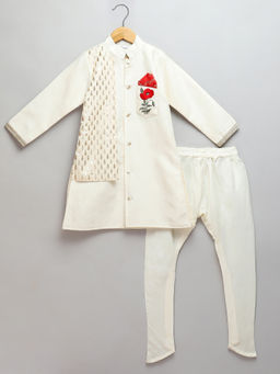 The Little Tales - Off White Bandhgala Embroidery Kurta With Churidar (Set of 2)