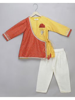 The Little Tales - Yellow Printed Angrakha Style Kurta & Pyjama (Set of 2)