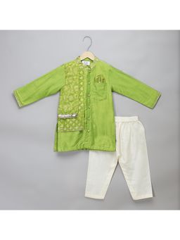 The Little Tales - Green Chanderi Panel Kurta & Pyjama (Set of 2)