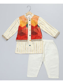 The Little Tales - Off White Kurta with attached Jacket & Pyjama (Set of 2)