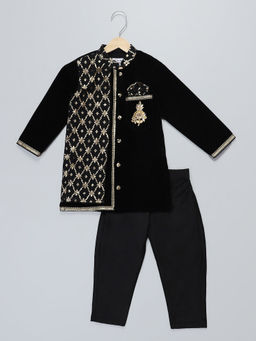 The Little Tales - Black Velvet Kurta with Chanderi Panel Pyjama (Set of 2)