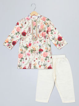 The Little Tales - Off White Floral Printed Kurta & Pyjama (Set of 2)