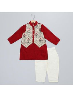 The Little Tales - Maroon Mughal Printed Kurta with attached Jacket & Pyjama (Set of 2)
