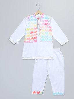 The Little Tales - White Heart Print Kurta with attached Jacket & Pyjama (Set of 2)