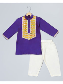 The Little Tales - Purple Kurta with Yoke Embroidery & Pyjama (Set of 2)